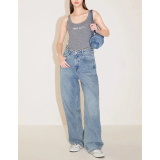 Light Blue V-Shape Patchwork High Waist Straight Fit Jeans