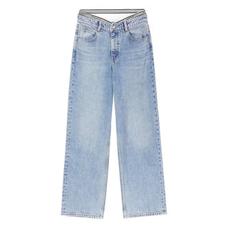 Light Blue V-Shape Patchwork High Waist Straight Fit Jeans