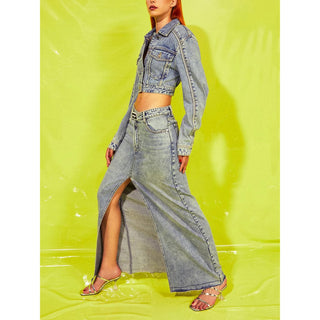 High Waist Denim Slit Front Maxi Skirt