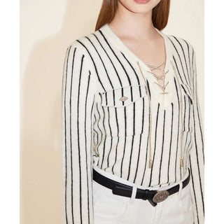 V-Neck Stripped Wool Knitted Top