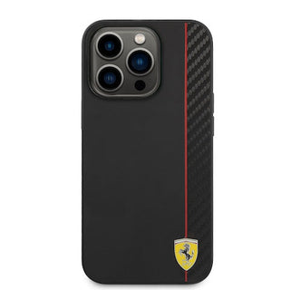 Ferrari Hard Case Pu Smooth And Carbon Effect Vertical Stripe Metal Logo - iPhone 14 Pro