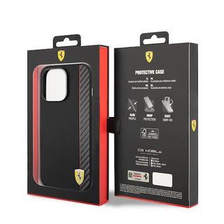 Ferrari Hard Case Pu Smooth And Carbon Effect Vertical Stripe Metal Logo - iPhone 14 Pro