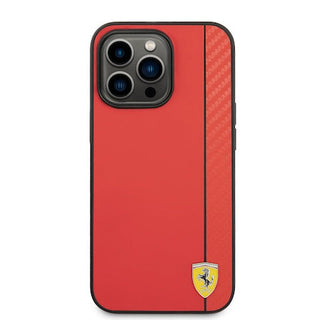 Ferrari Hard Case Pu Smooth And Carbon Effect Vertical Stripe Metal Logo - iPhone 14 Pro