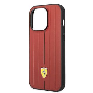 Ferrari Leather Case Embossed Stripes With Yellow Shield Logo - iPhone 14 Pro