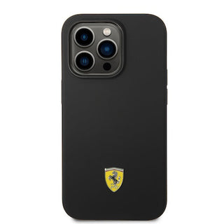 Ferrari Liquid Silicone Case Metal Logo Black Camera Outline - iPhone 14 Pro