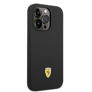 Ferrari Liquid Silicone Case Metal Logo Black Camera Outline - iPhone 14 Pro