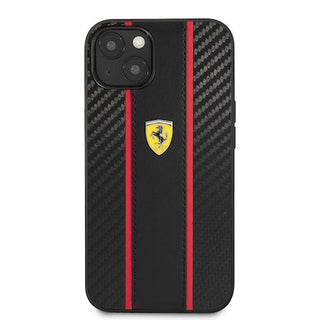 Ferrari Hard Case Pu Carbon Effect & Central Smooth Pu Stripe Metal Logo - iPhone 14 Plus