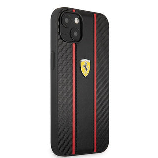 Ferrari Hard Case Pu Carbon Effect & Central Smooth Pu Stripe Metal Logo - iPhone 14 Plus