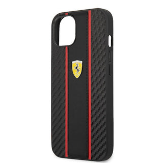 Ferrari Hard Case Pu Carbon Effect & Central Smooth Pu Stripe Metal Logo - iPhone 14 Plus