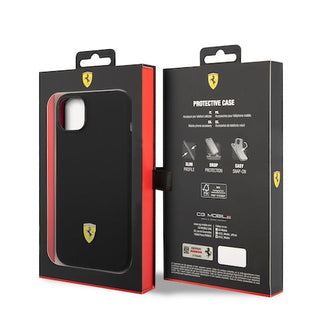 Ferrari Liquid Silicone Case Metal Logo Black Camera Outline - iPhone 14 Plus