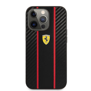 Ferrari Hard Case Pu Carbon Effect & Central Smooth Pu Stripe Metal Logo - iPhone 14 Pro Max